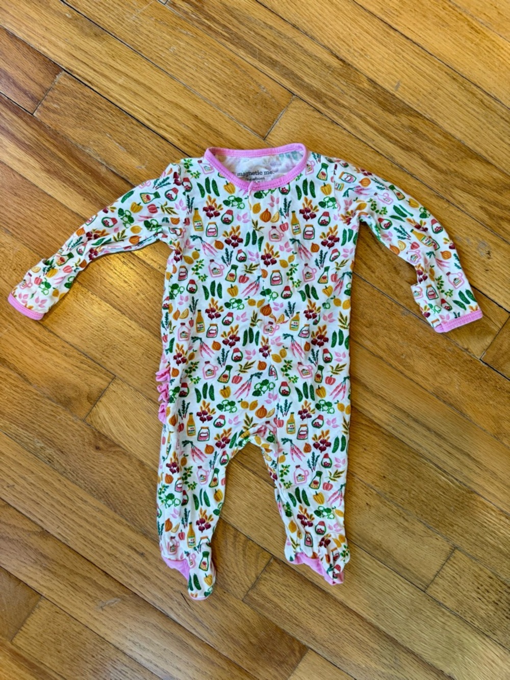 Magnetic Me pink-Trim Vegetable Print Baby One-Piece Romper
